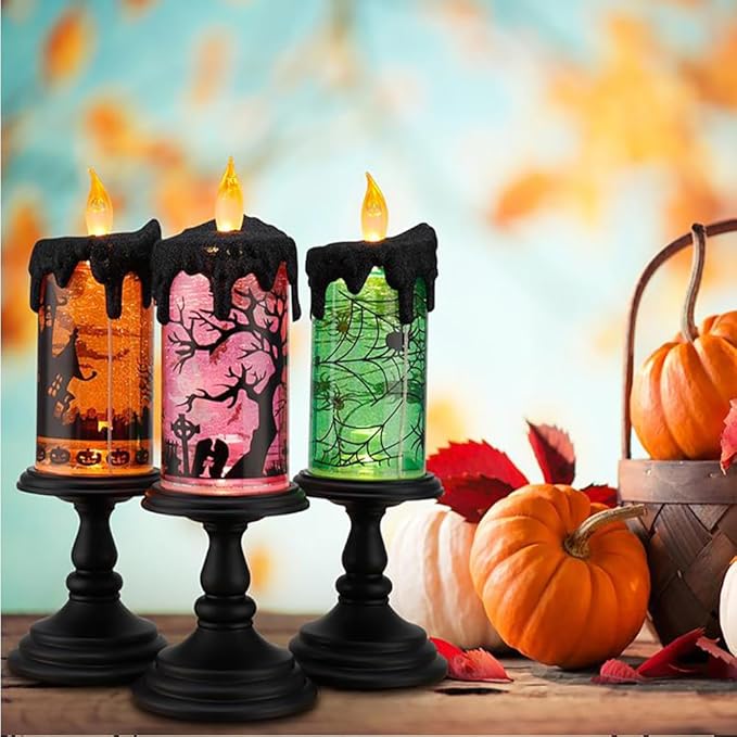 1.Halloween Snow Globe Tornado Flameless Candles Table Centerpiece for Celebration Party,Battery Operated LED Candle with 6 Hours Timer for Home Indoor Halloween Decoration (Spider)-Ruum Studio Home