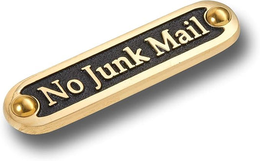 No Junk Mail Metal Brass Door Sign. Traditional Style Home Décor Wall Plaque Handmade By The Metal Foundry UK.-Ruum Studio Home