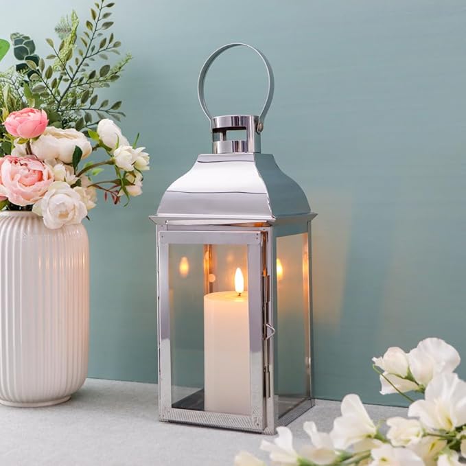 JHY DESIGN Silver Decorative Lanterns 12.5''High Stainless Steel Candle Lanterns with Tempered Glass for Indoor Outdoor Events Parities and Weddings Vintage Style Hanging Lamps-Ruum Studio Home