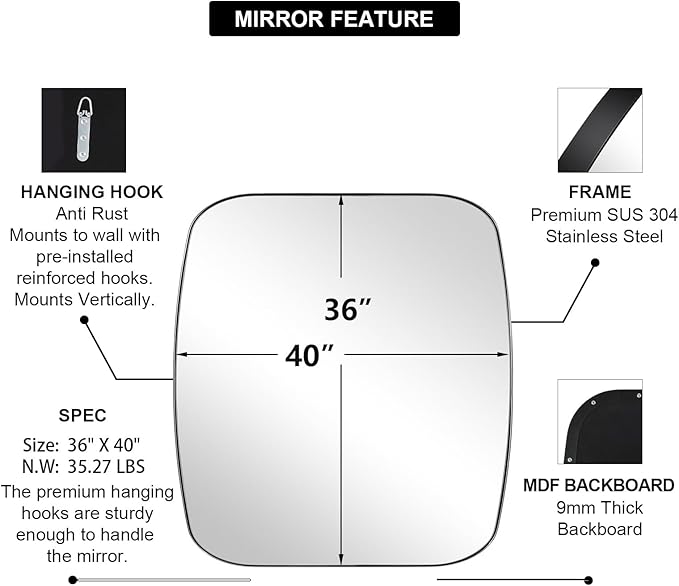 ANDY STAR Chrome Oblong Mirror, 36x40 Inch Polished Chrome Oval Mirror for Bathroom with Stainless Steel Metal Frame, Wall Mouned for Bathroom, Living Room, Entryway-Ruum Studio Home
