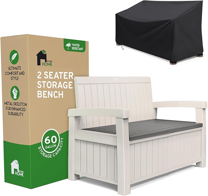 EconoHome 2 Seat Outdoor Storage Bench with Rain Cover - 60 Gallon Capacity - Weatherproof Resin Bench for Patio, Porch, Garden, Yard, Pool Area - Furniture for Pool Accessories, Gardening Tools-Ruum Studio Home
