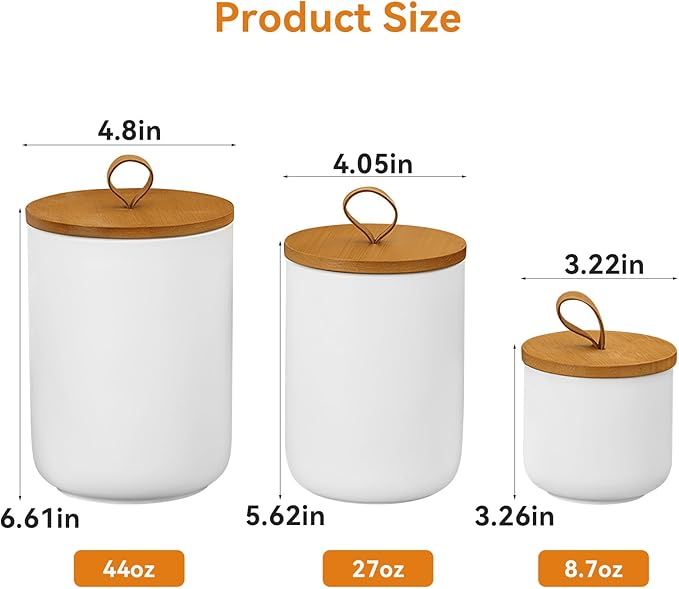 Canister Sets for Kitchen,Ceramic Kitchen Canisters for Countertop with Airtight Wood Lids for Serving Ground Coffee, Tea, Spice, Grains, Sugar, Salt (White Pack of 3 (8.7/27/44 Oz))-Ruum Studio Home