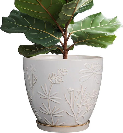 10 Inch Plant Pot Ceramic Planter Pot with Drainage Hole and Saucer Round Planter Large Flower Pot for Indoor Outdoor Plants Home Garden Decor White-Ruum Studio Home