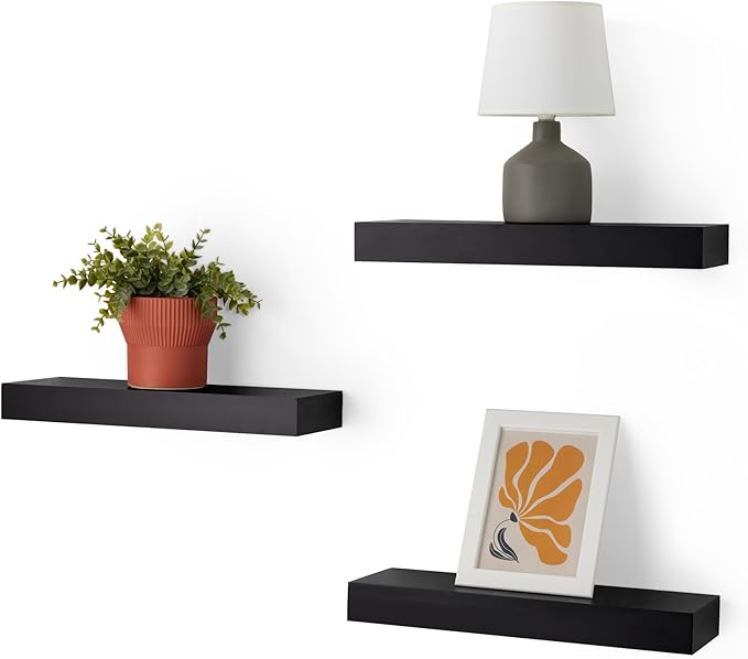 Amazon Basics Wood Floating Wall Shelves, Pack of 3, Black, 15.8" x 5" x 1.8"-Ruum Studio Home