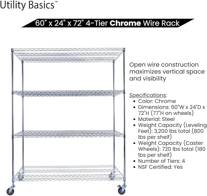 60"x24"x72" PREMIUM METAL STEEL 4-Tier Wire Shelving NSF 3200 LBS MAX Capacity Heavy Duty Storage Rack for Hospitals, Schools, Commercial Spaces, and Garages w/PREMIUM Wheels-Ruum Studio Home
