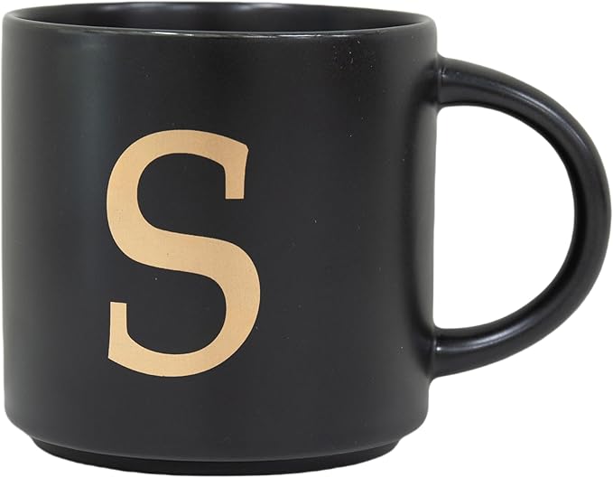 COLLECTIVE HOME - Monogram Ceramic Mugs, 15 oz Golden Initial Black Coffee Cups, Elegant Alphabet Tea Mugs, Elegant Personalized Mug with Gift Box, Unique Mug with Double Side Capital Lette (S)-Ruum Studio Home