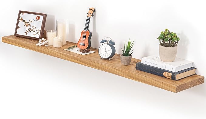 Fun Memories Floating Shelves for Wall, 55"x9.3" Rustic Solid Elm Wood Shelves, Heavy-Duty Wall Mounted Shelves with Invisible Brackets for Living Room, Bedroom, Kitchen, Natural Finish-Ruum Studio Home