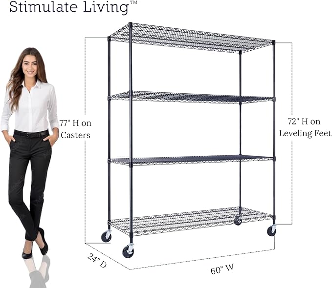 60"x24"x72" PRIME HEAVY DUTY Black 4-Tier Wire Shelving NSF 2400 LBS MAX Capacity Storage Rack for Commercial, School, Home, Garage, Warehouse, Industrial, and Hospital Uses (with Wheels)-Ruum Studio Home