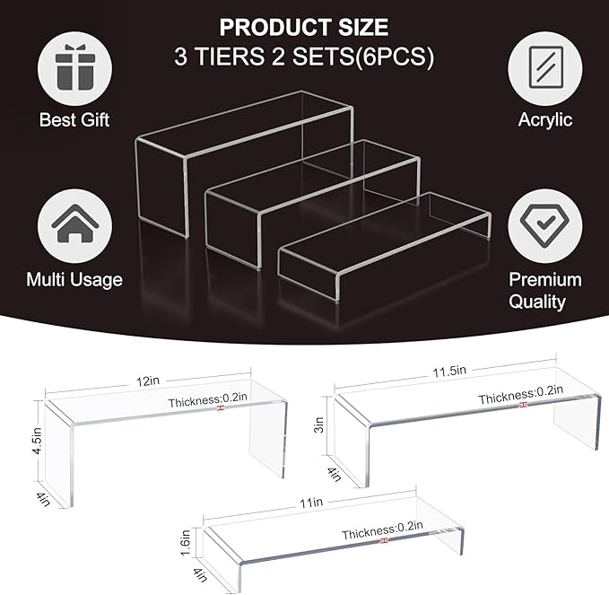 Acrylic Display Risers,12'' Large Display Stands, Thickened to 0.2''(5mm) Stackable Acrylic Shelves for Perfume Display, Clear Risers for Cupcake Stand,Pop Figurines,Tumbler,Food (Clear, 6PCS)-Ruum Studio Home