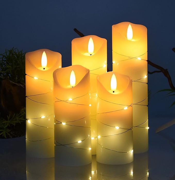 danip flameless Candle, with Embedded String Lights, 5-Piece LED Candles, with 10-Key Remote Control, 24-Hour Timer Function, Dancing Flame, Real Wax, Battery-Powered. (Ivory White)-Ruum Studio Home