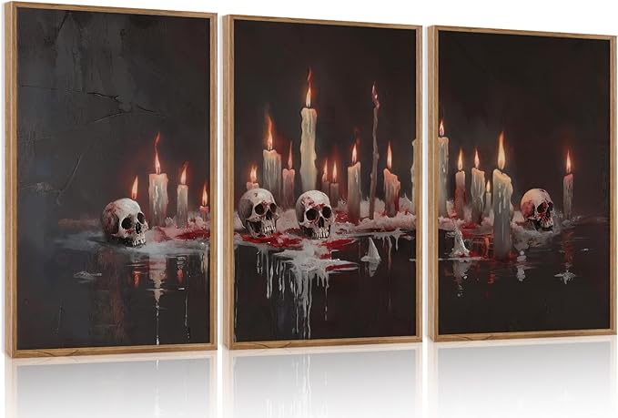 Aurlan Gothic Bloody Skull and Candles Framed Wall Art(16"x24"), 3PCS Horror Dark Academia Halloween Skeleton Canvas Artwork, Modern Goth Spooky Creepy Ghost Decor for Home Office Bedroom-Ruum Studio Home