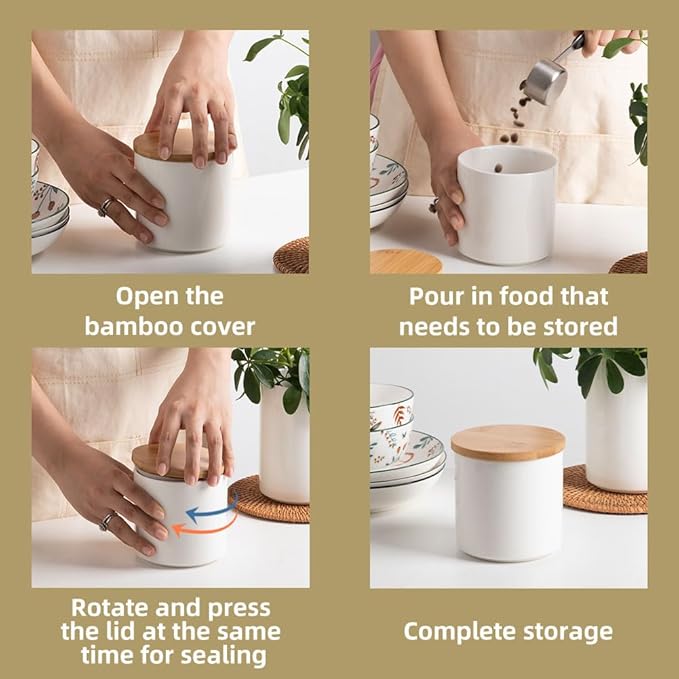 Sweejar Kitchen Ceramic Food Storage Containers Set, Stackable Canisters for Countertop with Airtight Boomboo Lids for Serving Ground Coffee, Tea, Sugar, Salt and More- Set of 2 (White)-Ruum Studio Home