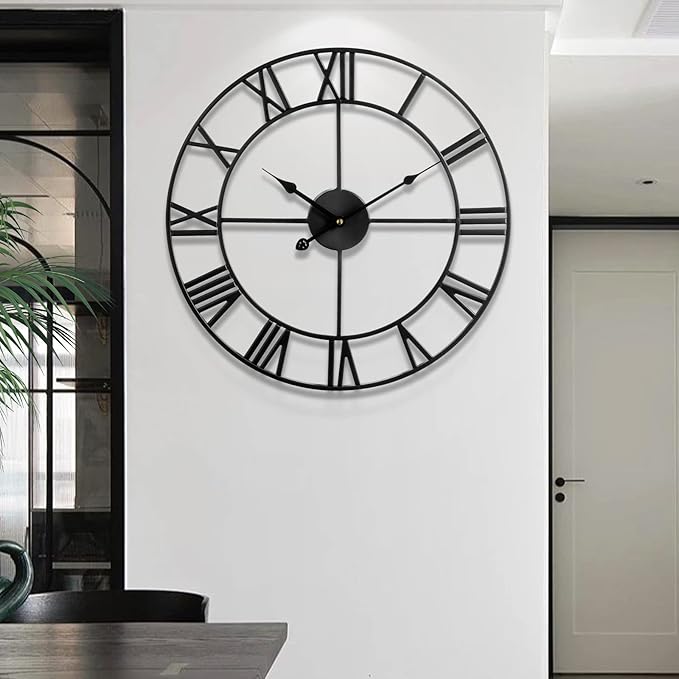 Large Wall Clock - 40cm/ 16 Inches Silent Non-Ticking Metal Wall Clock, Black, Vintage Modern Style, Battery Operated, Ideal for Living Room, Bedroom, Office, Farmhouse Decor-Ruum Studio Home