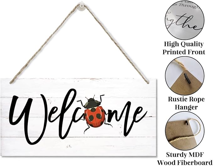 Welcome Decor Sign, Hanging Wood Sign Home Decorative, Printed Wood Wall Art Sign, Ladybug Welcome Sign, Door Sign, Front Door Wall Art Decor, Welcome Sign for Home Farmhouse Yard Garden 12 * 6inch-Ruum Studio Home