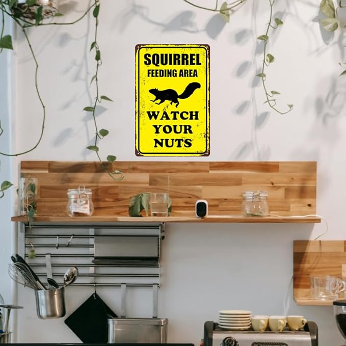 Squirrel Sign Funny Metal Sign Squirrel Feeding Area Watch Your Nuts Signs Vintage Tin Sign For Home Outdoor Garage Wall Decoration 8x12inch-Ruum Studio Home