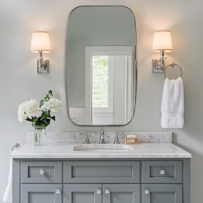 ANDY STAR Brushed Nickel Bathroom Mirror, Large 24x36’’ Brushed Nickel Metal Framed Oblong Wall Mirror, Modern Nickel Oval Vanity Mirror-Ruum Studio Home