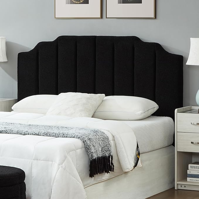 24KF Black Teddy Fabric Tufted for Queen Upholstered Headboard, Modern Vertical Channel Design Full Headboard with Stepped Silhouette Top Edge, 6026-Q-Teddy Black-Ruum Studio Home