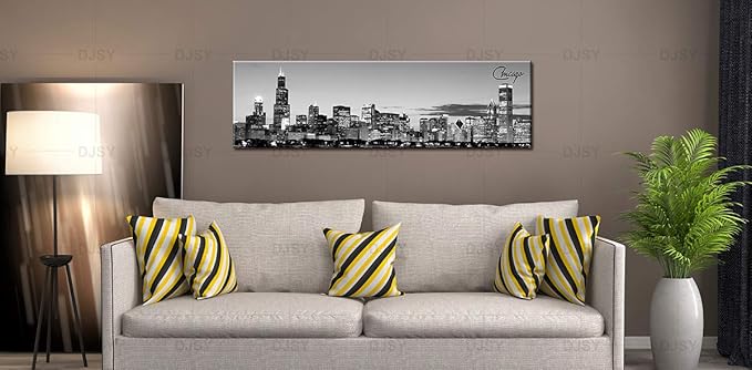 DJSYLIFE Chicago Skyline Wall Art - Black and White Modern Panoramic Cityscape Night View Picture Painting Bedroom Office Living Room Kitchen Home Decoration - Ready to Hang 13.8 "x 47.3" - Chicago 2-Ruum Studio Home