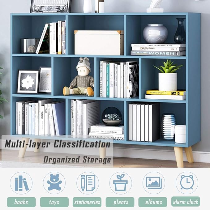 IOTXY Wooden Open Shelf Bookcase - 3-Tier Floor Standing Display Cabinet Rack with Legs, 10 Cubes Bookshelf, Bright Blue-Ruum Studio Home