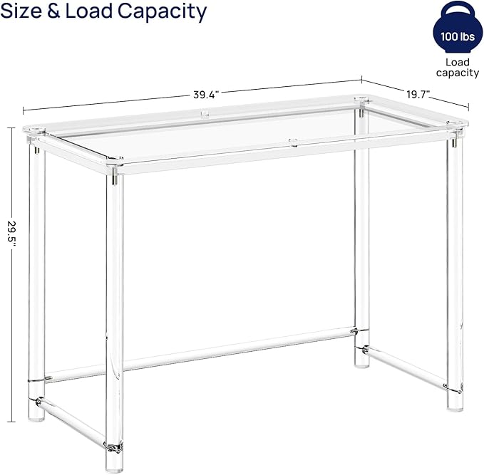 HMYHUM Acrylic Desk, Clear Desk for Home Office for Laptop, Study, Writing, Vanity Table with Cylindrical Legs, Modern, Easy Assembly, 39.4" L x 19.7" W x 29.5" H-Ruum Studio Home