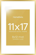 Homeforia 11x17 Picture Frame Gold, High End Metal 11x17 Poster Frames with Mat 8x12 for Photo, 11 x 17 Gold Frame Matted to 8 by 12 Print, 17x11 Thin Hanging Frame, Tempered Glass, Wall Kit, Set of 1-Ruum Studio Home