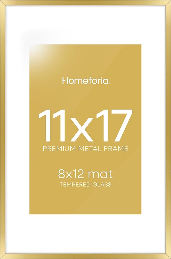 Homeforia 11x17 Picture Frame Gold, High End Metal 11x17 Poster Frames with Mat 8x12 for Photo, 11 x 17 Gold Frame Matted to 8 by 12 Print, 17x11 Thin Hanging Frame, Tempered Glass, Wall Kit, Set of 1-Ruum Studio Home