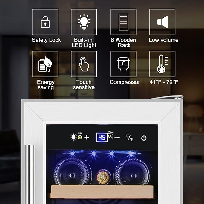 Tylza 12" Wine Cooler Refrigerator, 18 Bottle Wine Fridge Built-in or Freestanding with Stainless Steel & Double-Layer Tempered Glass Door, Compressor Fast Cooling, Low Noise and No Fog, Mini Fridge-Ruum Studio Home