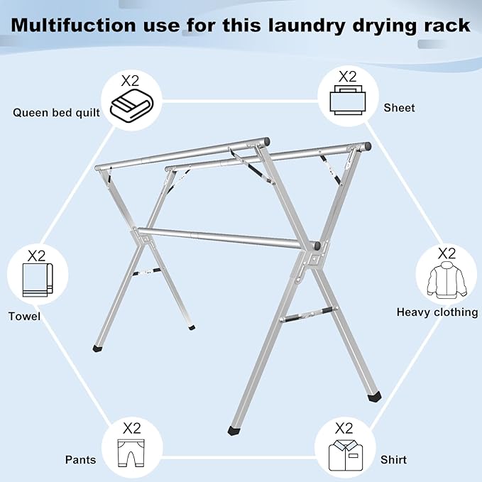 Sillars Clothes Drying Rack, 63 inches Laundry Drying Rack Clothing Foldable & Collapsible Stainless Steel Heavy Duty Clothing Drying Rack with Windproof Hooks for Indoor Outdoor-Ruum Studio Home