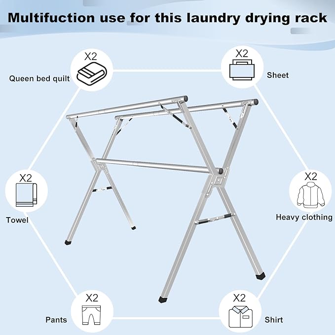 Sillars Clothes Drying Rack, 79 inches Laundry Drying Rack Clothing Foldable & Collapsible Stainless Steel Heavy Duty Clothing Drying Rack with Windproof Hooks for Indoor Outdoor-Ruum Studio Home
