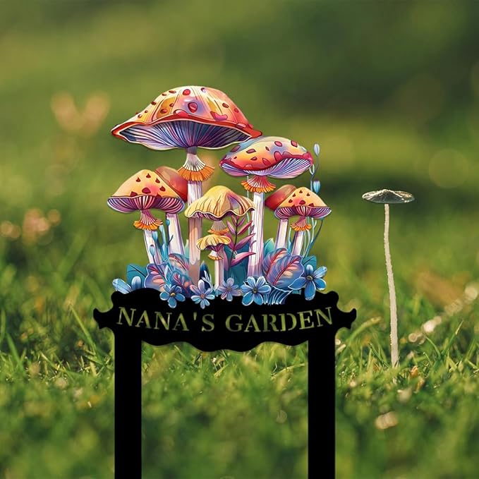 Personalized Mushroom Metal Sign with Stake,Custom Gardener Family Name Signs Outdoor Decor,Customized Flowers Gardening Birthday Gifts,Butterfly Plaque for Patio Lawn Porch Backyard Front Door Garage-Ruum Studio Home