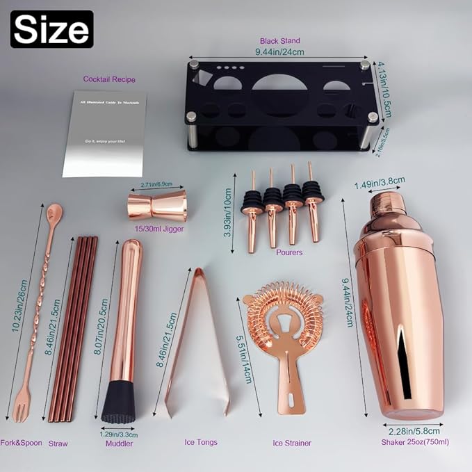 14-Piece Cocktail Shaker Set Bartender Kit with Black Stand, Bar Tool Set for Drink Mixing Bartending Kit Bar Sets Accessories: 750ml(25oz) Shaker, Jigger, Muddler, Cocktail Recipes (Rose Gold)-Ruum Studio Home