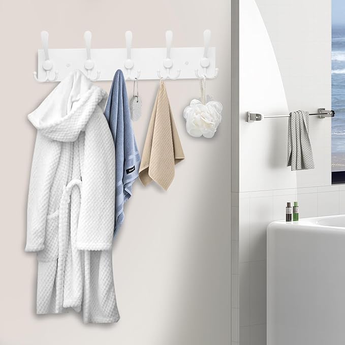 Coat Rack Wall Mount Coat Hooks Wooden Hat Rack for Wall Hooks Pine Real Wood Plank 16.9" White Coat Hanger with 5 White Triple Hooks for Hanging Coat Hat Jacket-Ruum Studio Home