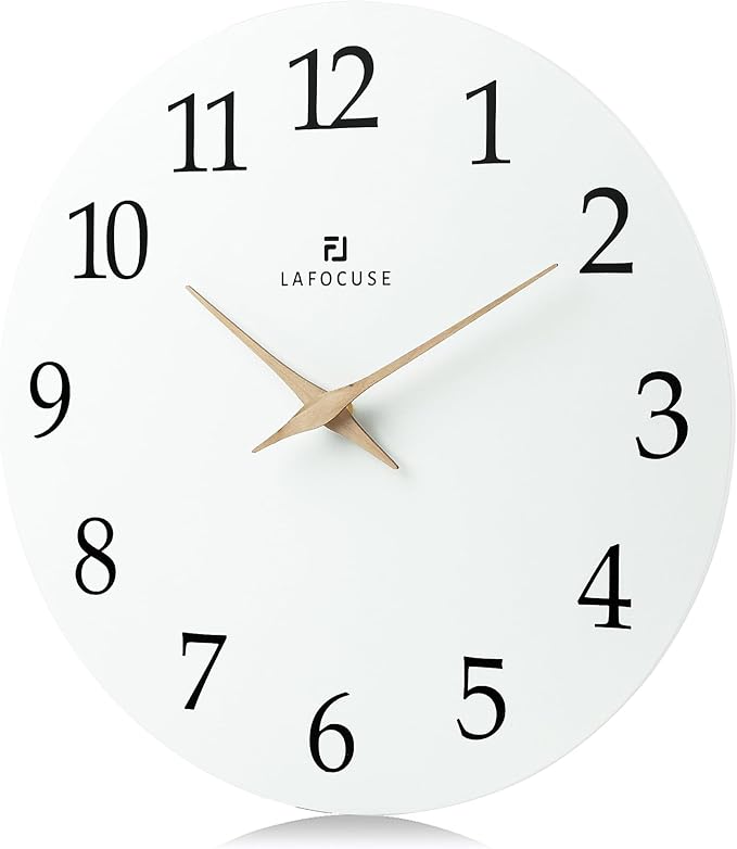 Lafocuse 12 Inch Silent White Wall Clock Battery Operated for Living Room Decor, Simple Minimalist Wooden Wall Clock for Kitchen Bedroom Office-Ruum Studio Home