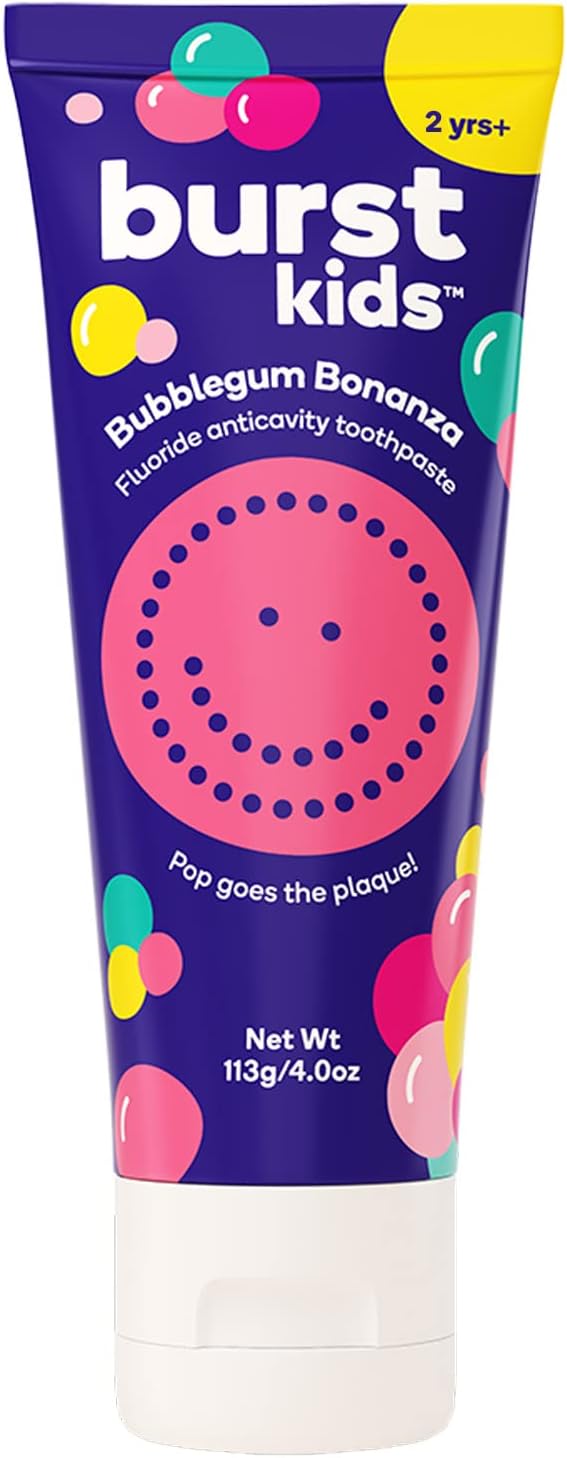 BURST Bubblegum Bonanza Kids Toothpaste with Fluoride (4oz) | Great Tasting | Flavored for Children & Toddlers | Anticavity | Dye Free & Vegan | Safe for Kids Ages 2+-Ruum Studio Home