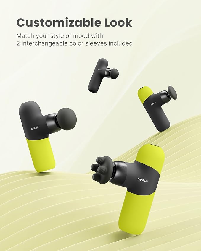 RENPHO Mini Thermal Massage Gun with Heat, Percussion Massager Gun Portable, Color Silicone Sleeves Travel Size with Carry Case, Neon Green-Ruum Studio Home