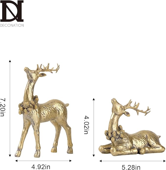 DN DECONATION 2pcs Gold Christmas Reindeer Statue, Christmas Clearance Small Resin Reindeer Figurine Indoor, Tabletop Reindeer Christmas Decor, Deer Figurine Decorations for Home-Ruum Studio Home