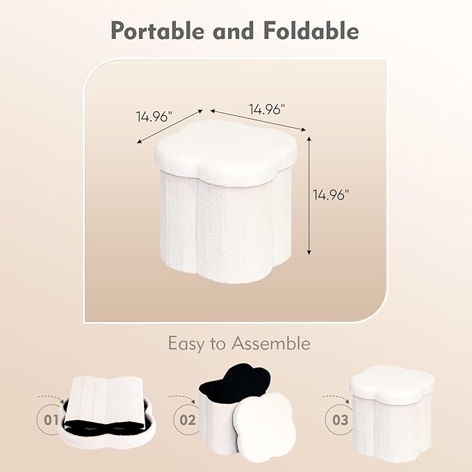 B FSOBEIIALEO Storage Ottoman Cube, Flowers Shaped Ottomans with Storage Foot Stool Footrest, Boucle Ottoman Seat for Dorm Room, Faux Teddy Fur, Cream White 15"x15"x15"-Ruum Studio Home