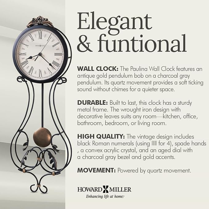 Howard Miller Paulina Wall Clock, Gray Finishes with Golden Pendulum & Quartz Movement, Classic Round White Dial with Roman Numeral Perfect for Home Decor, Living Room & Office Wall Mount-Ruum Studio Home