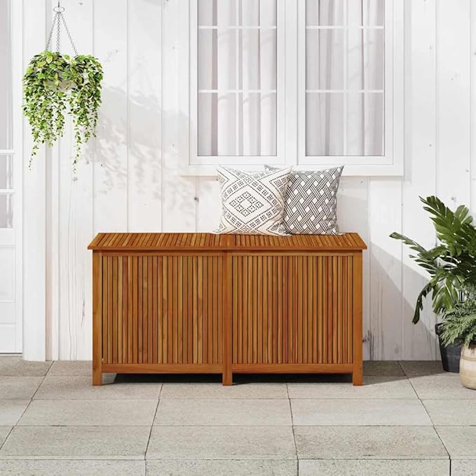 vidaXL Wooden Outdoor Storage Box with Gas-Lift Lid – Patio Deck Chest with Zippered Waterproof Bag for Garden Bench, Pool, Porch, Trunk, Cabinet, Teak Look – Brown, 59.1"x31.5"x29.5"-Ruum Studio Home