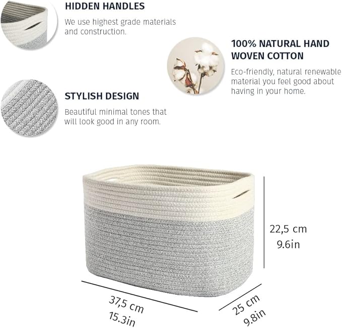OrganiHaus Woven Basket for Storage, Baby Room Furniture, Decorative Towel Baskets for Bathroom, Cotton Rope Basket for Storage, Woven Baskets for Organizing, Rectangular Storage Basket, Grey-Ruum Studio Home