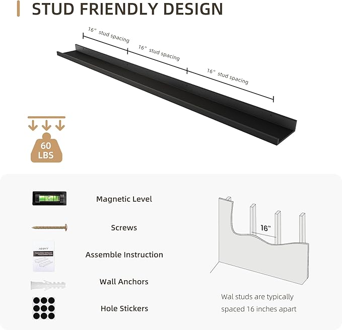 Picture Ledge Shelf, Wood Long Floating Shelves for Wall, Set of 2, 56 inch Picture Ledge Shelves, Photo Ledge Nursery Book Shelves Wall Mounted for Living Room Kids' Room Bedroom, Color Black-Ruum Studio Home