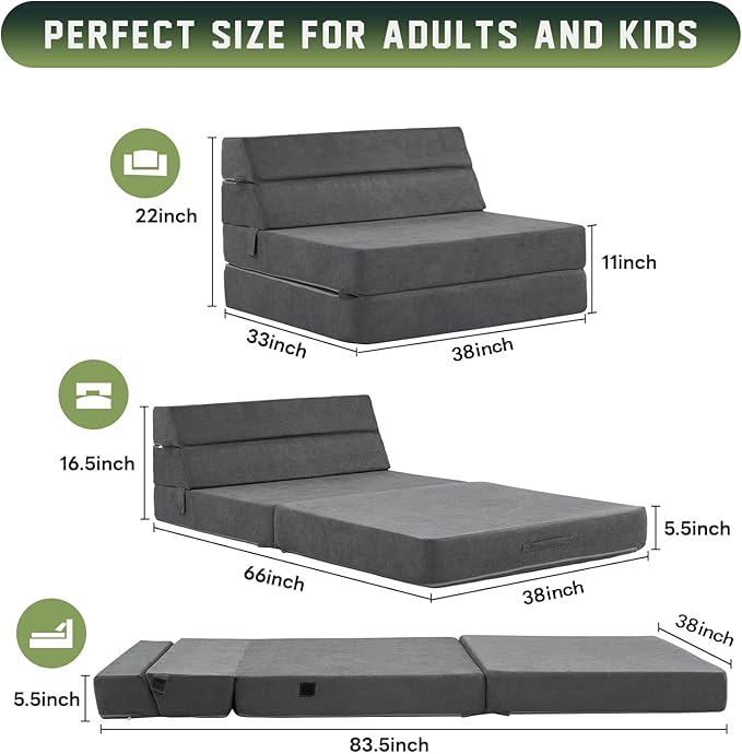jela Foldable Sofa Bed Soft Foam Convertible Sleeper Chair Luxury Miss Fabric Fold Out Chair Bed Floor Couch with Back Support Floor Sofa for Living Room Bedroom (Twin,Dark Gray)-Ruum Studio Home