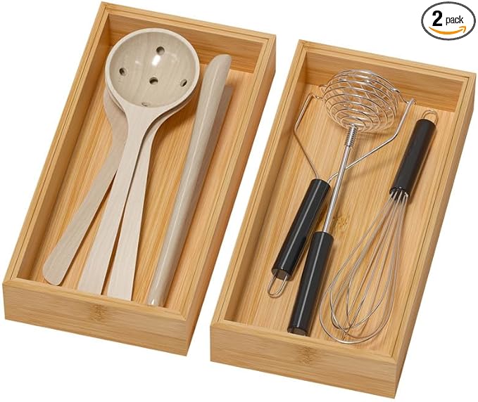 Bamboo Drawer Organizer - Silverware & Utensil Organizer, Stackable, 2 Pcs, Wooden Storage Box Tray (Bamboo, 12 X 6 X 2 Inch)-Ruum Studio Home