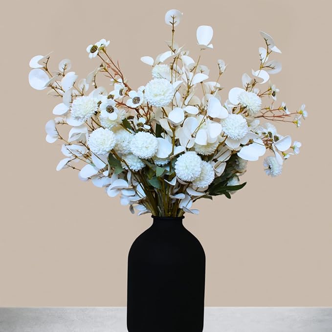 White Artificial Flowers Bulk for Vase That Look Real, White Flower Centerpiece for Table, Silk Floral for Home Decor Indoor, Faux Kiku + Eucalyptus Stems + Wildflowers, Flores Blancas Artificiales-Ruum Studio Home