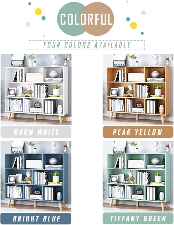 IOTXY Wooden Open Shelf Bookcase - 3-Tier Floor Standing Display Cabinet Rack with Legs, 8 Cubes Bookshelf, Warm White-Ruum Studio Home