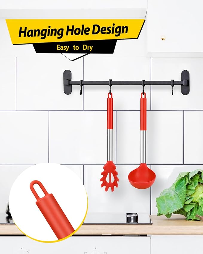 Silicone Pasta Fork and Ladle Spoon Set, Large Non Stick Kitchen Utensils for Cooking,Stirring,Serving Spaghetti, Soup, Sauce (RED)-Ruum Studio Home