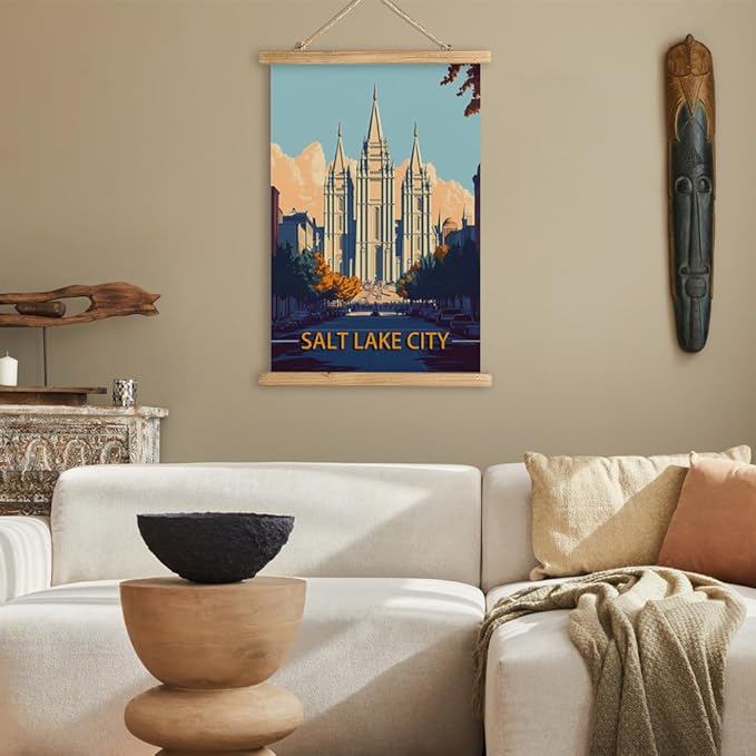 WREVERW Vintage Salt Lake City Poster Canvas Print with Wooden Hanger Frame, Featuring the Historic Salt Lake Temple, Wall Art for Home and Office Decor, 16x23 inches-Ruum Studio Home