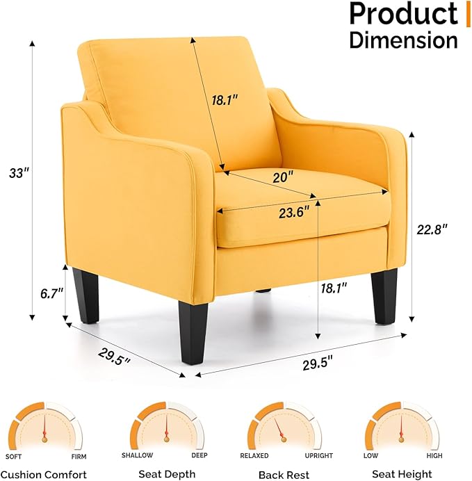 VINGLI Accent Chair for Living Room Chairs Yellow Reading Chair for Bedroom Scooped Arm Chair Mid Century Modern Accent Chairs Upholstered Comfy Chair for Apartment, Waiting Room-Ruum Studio Home