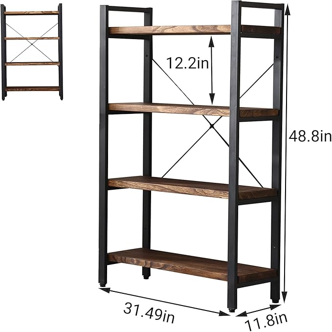 Solid Wood Bookshelf, 4-Tier Rustic Vintage Industrial Etagere Bookcase, Open Metal & Wood Vintage Book Shelf, Retro Brown-Ruum Studio Home