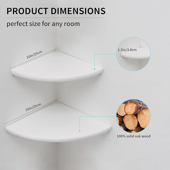 Corner Shelf, White Floating Corner Shelf, Set of 2 10inch Solid Oak Wood Wall Shelves, Round End Wall Mount with Wire Hole for Small Plant for Bedroom Kitchen, Living Room-Ruum Studio Home